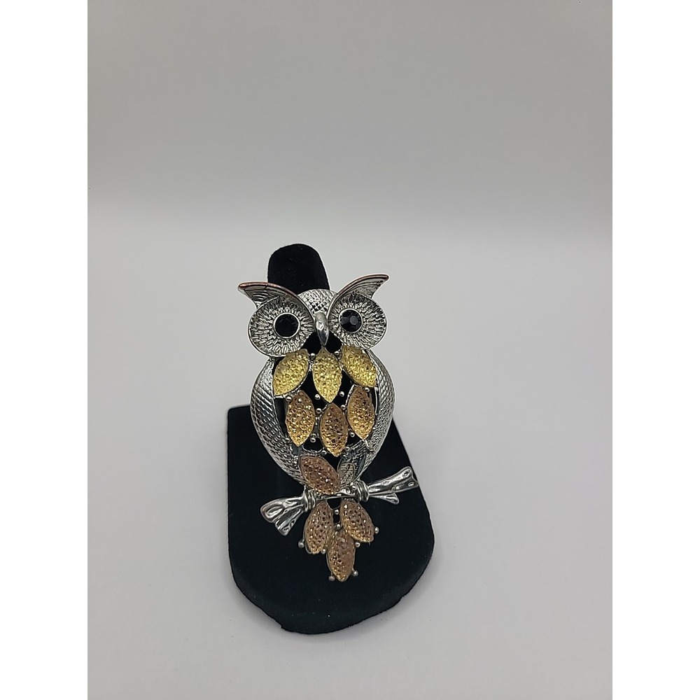 Vintage Silver Tone Owl Stretch Ring Gold Tone Accents Whimsical Animal Jewelry - Picture 1 of 10